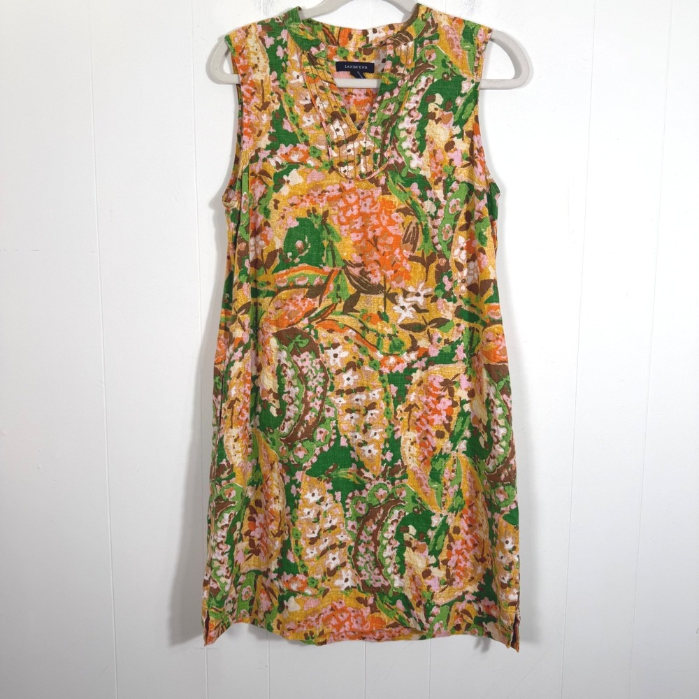Lands End Linen Shift Dress Muted Fall Floral Sleeveless Womens 10P Pockets
